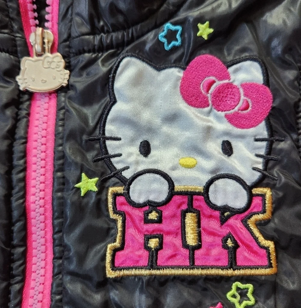 2010s Hello Kitty Fleece Embroidered Full Zip Black and pink Jacket Sz 4